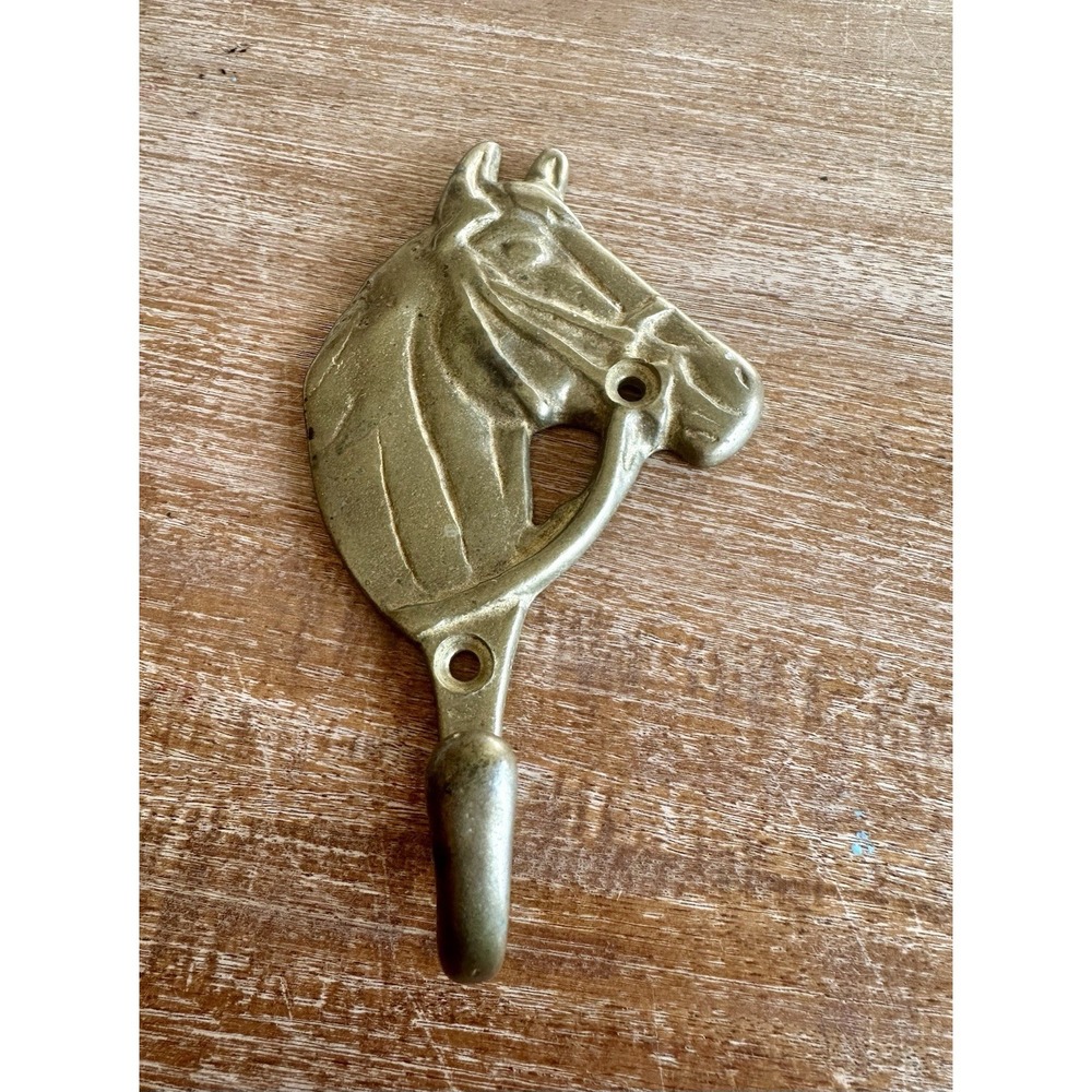 Vintage Brass Horse Head Flat Hook Wall Mount Mid Century 6"